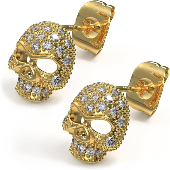 Women Gold Skull Earrings Sterling Silver Post Cubic Zirconia Stud Goth Jewelry, - Picture 4 of 6